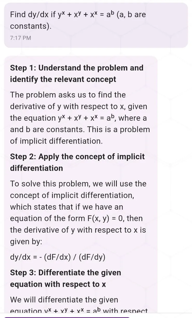 Rank Cherry answering “Find dy/dx if y^x + x^y + x^x = a^b”, with Step 1, Step 2 and Step 3 of the working